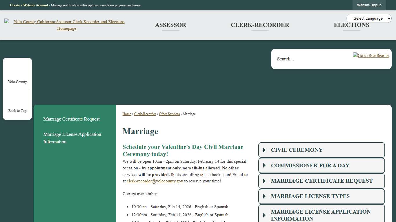 Marriage Yolo County ACE Department, CA